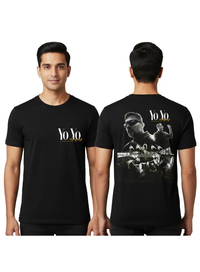 تيشيرت أسود جرافيك YO YO Honey Singh مع شعار أمامي وطباعة صور خلفية – قصة يونيسكس - Image 1